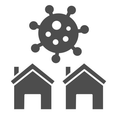 İki bina ve korona virüsü hücre katı ikonu, koronavirüs farkındalık kavramı, beyaz arka planda kendi kendine izolasyon, ev sembolünde glifli bir şekilde güvende kal. Vektör grafikleri.