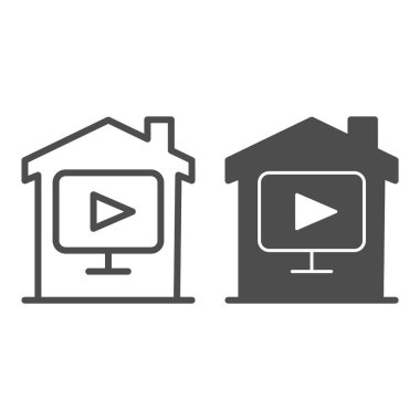 Ev çizgisi ve sağlam ikona sahip çoklu ortam oynatıcı, akıllı ev konsepti, beyaz arka planda ev ve video vektör işareti, mobil ve web için ana hatlı ev ve medya çalma tuşu. Vektör grafikleri.