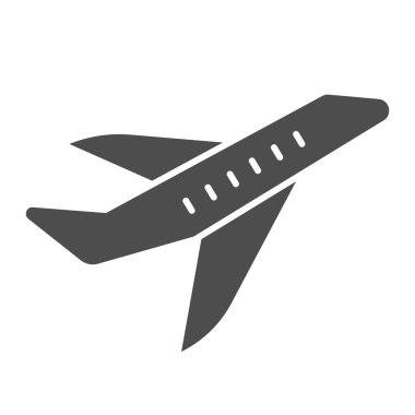 Uçak katı ikonu, ulaşım konsepti, beyaz zemin üzerinde uçan uçak işareti, mobil konsept ve web tasarımı için uçak silueti simgesi. Vektör grafikleri.