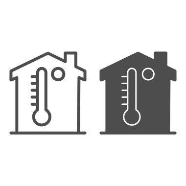 İnşaat ve termometre hattı ve katı ikon, akıllı ev sembolü, beyaz arka planda ev mikroiklim vektörü işareti, oda sıcaklığı ikonu ana hatlı mobil konsept, web tasarımı. Vektör grafikleri.