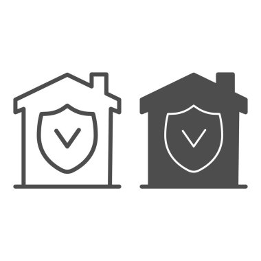 Onaylanmış koruma hattı, sağlam ikon, akıllı ev konsepti beyaz arka planda bina vektör levhası, cep telefonu için kalkanı olan ev. Vektör grafikleri.
