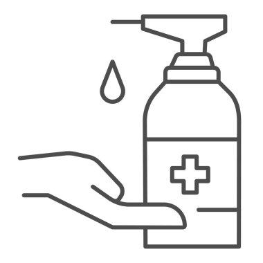 İnsan eli ve antiseptik ince çizgi ikonu, koronavirüs önleme konsepti, beyaz arka planda dezenfektan işareti olan ellerini yıka, mobil için taslak biçimli antibakteriyel jel ikonu. Vektör grafikleri.