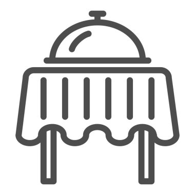 Tepsi çizgisi ikonlu restoran masası, yemek konsepti, beyaz arka planda kahvaltı tepsisi tabelası, mobil tasarım için ana hatlı masa simgesiyle kaplanmış tabak. Vektör grafikleri.