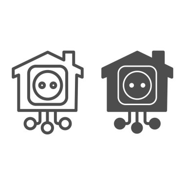 Akıllı ev hattındaki elektrik prizi ve sağlam ikon, akıllı ev konsepti, beyaz arka planda teknoloji işareti, akıllı prize sahip bina ve mobil ve web için taslak biçimli bağlantı ikonu. Vektör.