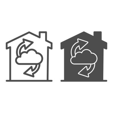 Okları yapı çizgisi ve katı ikon, akıllı ev konsepti, beyaz arka planda ev bulut depolama vektör işareti, mobil ve web için ana hatlarda veri paylaşım simgesi olan bulut. Vektör grafikleri.