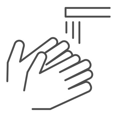 Ellerinizi ince çizgi ikonu, koronavirüs önleme kavramı, beyaz arka planda el yıkama işareti altında yıkama, mobil için taslak biçimli covid-19 simgesini önlemek için temiz eller. Vektör grafikleri.