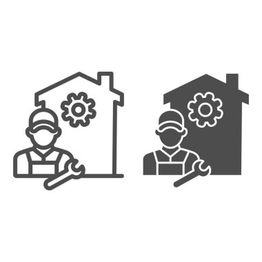 Teçhizatlı ve mühendislik çizgisi olan bina, sağlam ikon, akıllı ev konsepti, beyaz arka planda akıllı ev tamir işçisi tabelası, ev aletleri servis simgesi, taslak tarzı mobil, web. Vektör grafikleri.