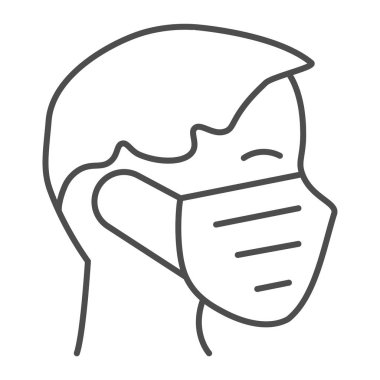Tıbbi maske, ince çizgi ikonu, koronavirüs koruma konsepti, beyaz arka planda koruyucu maske, mobil taslak için yüz maskesi takan kişi. Vektör grafikleri.