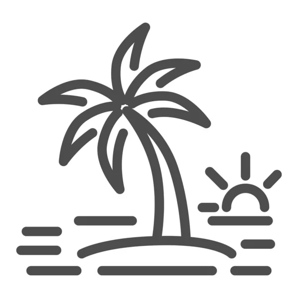 Isla con un icono de la línea de palmeras, concepto de verano, signo de puesta de sol sobre fondo blanco, palmera de coco en el icono de la isla en el estilo de esquema para el concepto móvil y el diseño web. Gráficos vectoriales . — Archivo Imágenes Vectoriales