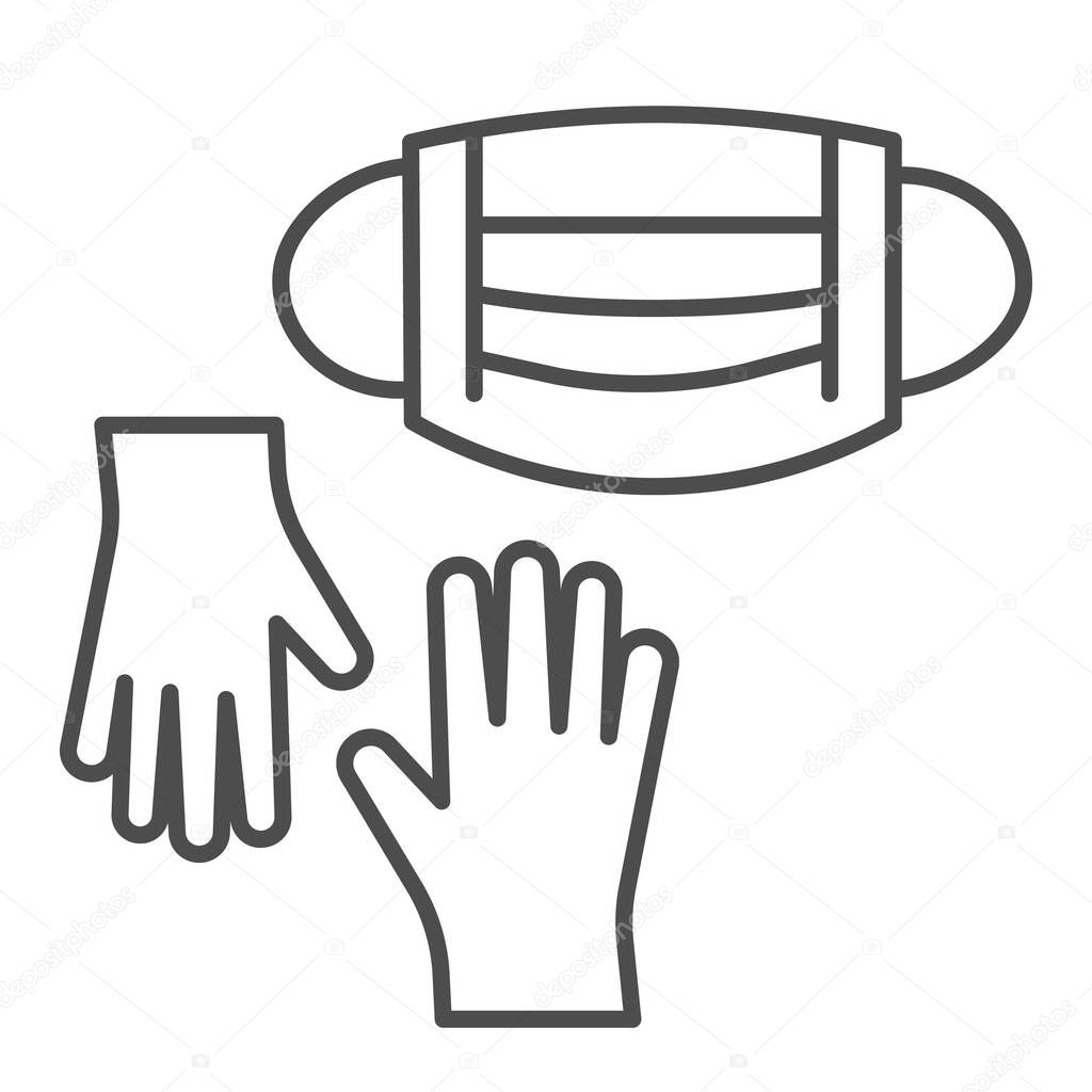 Medical gloves and mask thin line icon, coronavirus protection concept, mask and gloves for virus precautions sign on white background, covid-19 safety measures icon in outline. Vector graphics
