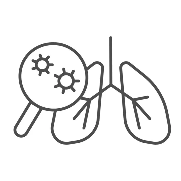 Virus y pulmones infectados icono de línea delgada, concepto de coronavirus, bacteria neumonía en el sistema respiratorio humano signo sobre fondo blanco, pulmones con lupa y células de virus icono en el estilo de esquema . — Archivo Imágenes Vectoriales