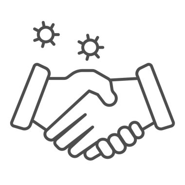 Tokalaşma ve virüs bulaşma ikonu, koronavirüs salgını konsepti, tokalaşma işareti ile iletilen beyaz arka planda mobil ve web için taslak tarzı. Vektör grafikleri.