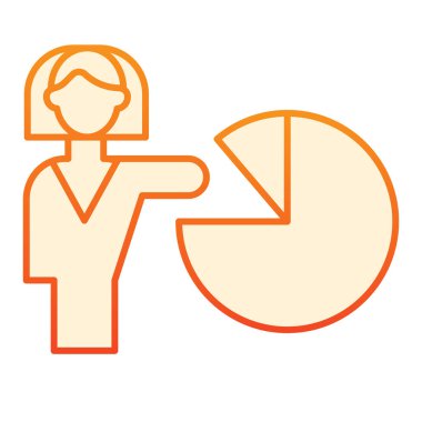 Tablo düz simgesini gösteren bir kadın. Turta grafiği simgeleri düz moda. Kız, web ve uygulama için tasarlanmış gradyan stil tasarımı gösteriyor. Eps 10.