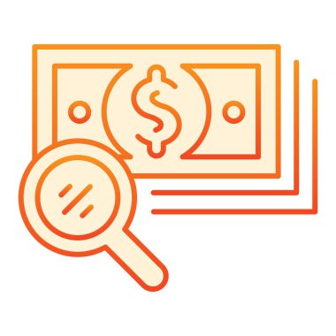 Büyüteç ve para basma ikonu. Düz moda turuncu simgeleri arayın. Mercek ve nakit gradyan tarzı tasarım, web ve uygulama için tasarlanmış. Eps 10.