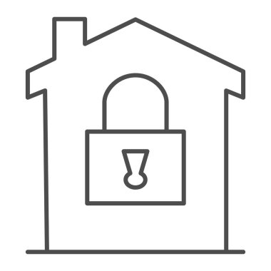 Kilit ince çizgi ikonu, akıllı ev kavramı, beyaz arka planda koruma vektörü işareti altında ev, mobil ve web tasarımı için ev güvenlik sistemi ikonu olan ev. Vektör grafikleri.