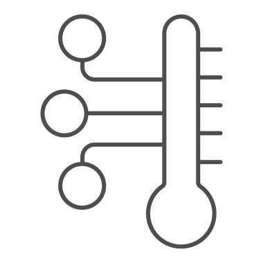 İnce çizgi simgesine, akıllı ev sembolüne, beyaz arkaplanda uzaktan ısıtma vektör işaretine, çevrimiçi sıcaklık düzenleme ikonu oluşturma biçimine sahip termometre. Vektör grafikleri.