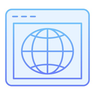 Küresel arama düz simgesi. Gezegen mavisi simgelerle dolu bir web sayfası. Web ve uygulama için tasarlanmış, gradyan stil tasarımlı tarayıcı. Eps 10.