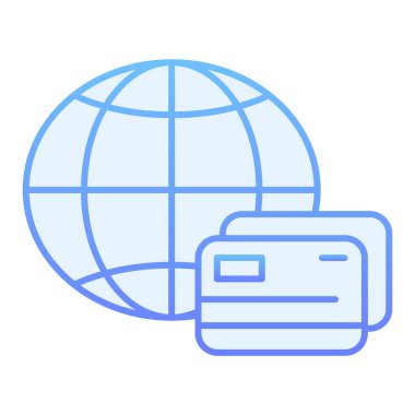 Kredi kartı yassı ikonu olan bir dünya. Küresel ödeme mavi simgeleri modada düz bir şekilde. İnternet ve uygulama için tasarlanmış, gradyan stil tasarımlı kredi kartı. Eps 10.