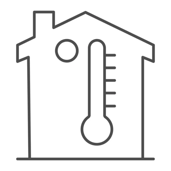 Ícone de linha fina de construção e termômetro, símbolo de casa inteligente, sinal de vetor de microclima em casa no fundo branco, ícone de temperatura ambiente no conceito móvel de estilo de contorno, web design. Gráficos vetoriais . —  Vetores de Stock