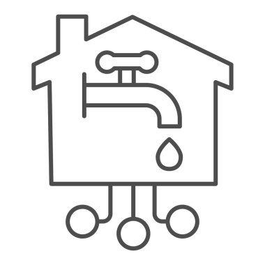 İnce çizgi ikonu olan musluk, akıllı ev konsepti, beyaz arka planda bağlantı işareti olan akıllı su musluğu, mobil ve web için ana hatlı ev tesisat ikonu. Vektör grafikleri.