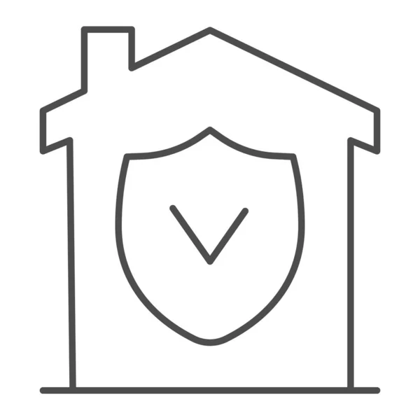 Maison avec icône de ligne mince de protection approuvée, concept de maison intelligente, panneau vectoriel de sécurité du bâtiment vérifié sur fond blanc, maison avec icône intérieure de bouclier dans les contours pour mobile. Graphiques vectoriels . — Image vectorielle