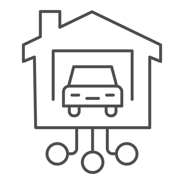 Carro na garagem da casa ícone de linha fina, conceito de casa inteligente, conexão ao transporte em sinal de casa no fundo branco, veículo automatizado com ícone de controle remoto no estilo esboço. Gráficos vetoriais . — Vetor de Stock