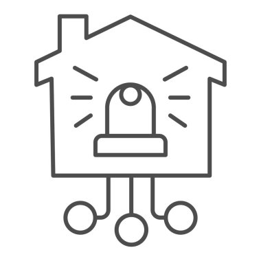 Ev çizgisi simgesindeki otomatik tehlike alarmı, akıllı ev konsepti, beyaz arka plandaki bina tabelasında alarm lambası, dış hatlarda koruma simgesi altında ev, mobil ağ. Vektör grafikleri.