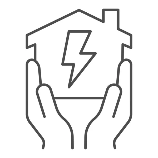 Casa en manos con electricidad rayo icono de línea delgada, concepto de casa inteligente, signo de vector de energía en el hogar sobre fondo blanco, fuente de alimentación en el icono del hogar en el estilo de esquema para móviles. Gráfico vectorial . — Archivo Imágenes Vectoriales