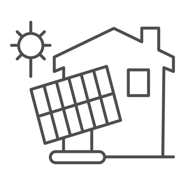 太陽電池と薄いラインのアイコンを構築し、スマートホームコンセプト、太陽電池パネルと白の背景にホームベクトル記号でクリーンエネルギー、モバイル用アウトラインスタイルでアイコンを構築するための緑のエネルギー. — ストックベクタ