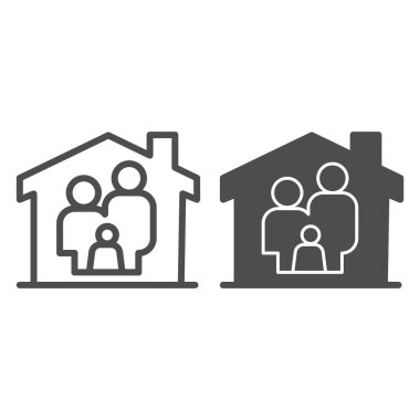 Aile ev hattı ve sağlam bir ikon, aile ev kavramında, aile ve çocuk imzası beyaz arka planda, güvenli aile ikamet ikonu olan çocuklar mobil ve web için taslak tarzında. Vektör grafikleri.