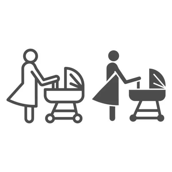 Μητέρα με γραμμή pram και στερεό εικονίδιο, έννοια μητρότητας, σημάδι μεταφορά μωρού σε λευκό φόντο, μαμά με νεογέννητο σε σύμβολο καροτσάκι σε στυλ περίγραμμα για κινητό, web. Διάνυσμα. — Διανυσματικό Αρχείο
