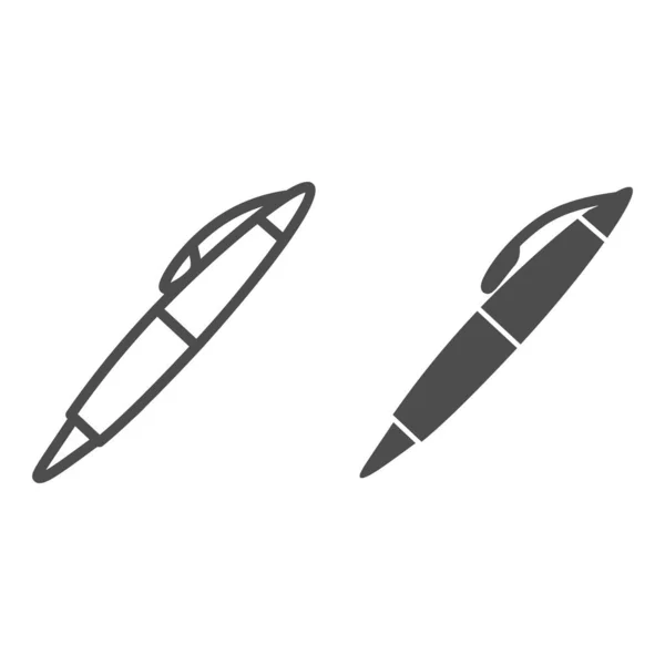 펜 라인 과 단단 한 아이콘, 문구 개념, 흰색 배경 위에 학교 글쓰기 도구 벡터 부호, 사무실볼 포인트 펜 기호, 모바일 개념 및 웹 디자인의 개요 스타일. 벡터 그래픽. — 스톡 벡터