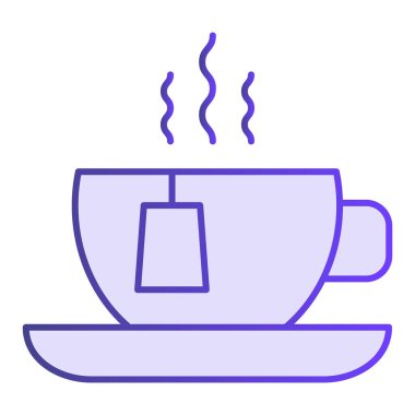 Sıcak çay ikonu. Çay poşeti, mor renkli, modaya uygun, düz bir bardakla. Bir kupa çay gradyan tasarımı, web ve uygulama için tasarlanmış. Eps 10.