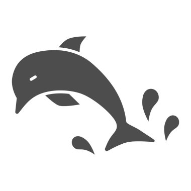 Yunus balığı katı ikonu, deniz konsepti, yunus sıçrayan su işareti ile beyaz arkaplan üzerinde hareketli konsept ve web tasarımı için kabartma tarzı. Vektör grafikleri.