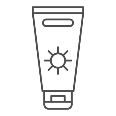 Güneş kremi, ince çizgi ikonu, yaz konsepti, beyaz arka planda güneş kremi işareti, mobil konsept ve web tasarımı için ana hatlı güneş koruma kremi ikonu. Vektör grafikleri.