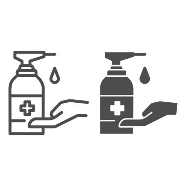İnsan eli ve antiseptik hattı ve katı ikon, koronavirüs önleme konsepti, beyaz arka planda dezenfektan işareti olan ellerini yıka, mobil için taslak biçiminde antibakteriyel jel ikonu. Vektör grafikleri.