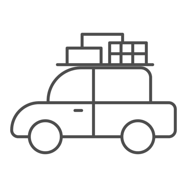 旅行車の細い線のアイコン、夏休みのコンセプト、白い背景に屋根の標識に荷物を持つレトロな車、モバイルコンセプトとウェブデザインのアウトラインスタイルで車両の旅行アイコン。ベクトルグラフィックス. — ストックベクタ