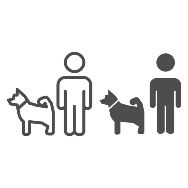 Linha de homem e cão e ícone sólido, conceito de animal doméstico, sinal de passeio do cão no fundo branco, ícone de animal de estimação andando pessoa no estilo esboço para o conceito móvel e web design. Gráficos vetoriais . — Vetor de Stock