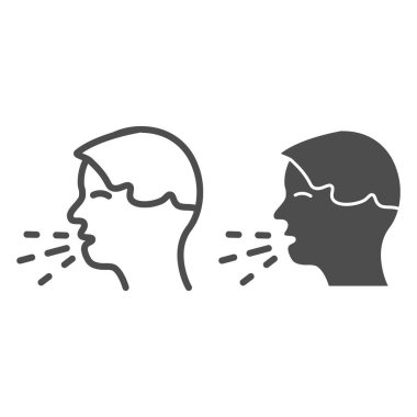 Öksürük çizgisi, katı ikon, koronavirüs salgını, beyaz arka plan üzerinde öksürük işareti, grip veya mobil konsept ve web tasarımı için ana hatlarda belirti olan Cvid-19 belirti simgesi. Vektör grafikleri.