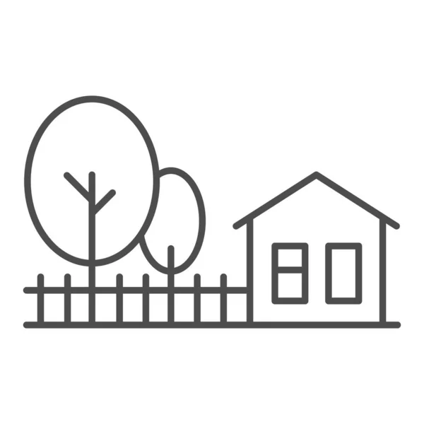 Casa de campo com árvores ícone de linha fina, conceito de verão, sinal de paisagem rural no fundo branco, casa de fazenda e árvore ícone em estilo esboço para o conceito móvel e web design. Gráficos vetoriais . — Vetor de Stock