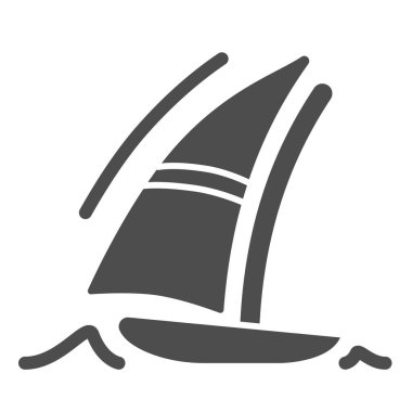 Yelkenli katı ikonu, yaz tatili konsepti, beyaz arka planda tekne ve deniz dalgası tabelası, mobil konsept ve web tasarımı için glifli yat simgesi. Vektör grafikleri.