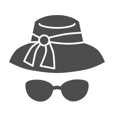 Güneş gözlüğü ve sağlam şapka ikonu, yaz konsepti, güneş koruma kadın aksesuarları beyaz arka planda, kurdeleli kadın şapkası ve glifli güneş gözlüğü ikonu. Vektör grafikleri.