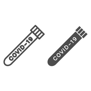Coronavirus test tüpü hattı ve katı ikon, Coronavirus enfeksiyonu konsepti, beyaz arka planda kan testi işareti, gezici konsept ve web için ana hatlarda Covid-19 kan testi ikonu. Vektör grafikleri.