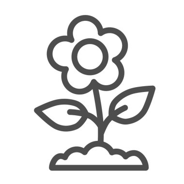 Çiçek çizgisi ikonu, çiçek konsepti, arka planda yapraklar olan bahar çiçeği, taşınabilir konsept ve web tasarımı için ana hatlı çiçek ikonu. Vektör grafikleri.