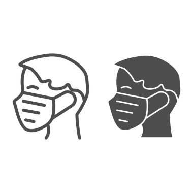 Tıbbi maske çizgisi ve sağlam bir ikon, koronavirüs koruma konsepti, beyaz arka planda koruyucu maske, mobil taslak için yüz maskesi takın. Vektör grafikleri.
