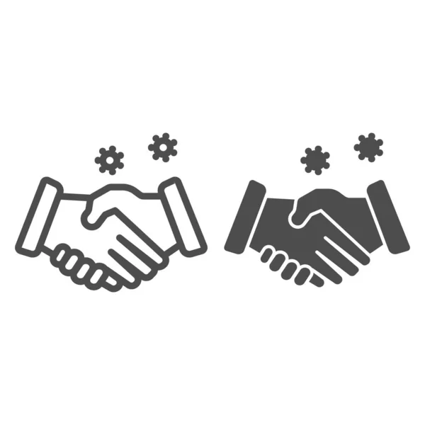 Handshake and virus transmission line and solid icon, coronavirus epidemic concept, Covid-19 transmitted through shake hand sign on white background in outline style for mobile, web. Vector graphics. — Stock Vector