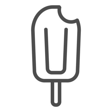 Isırılmış dondurma çizgisi ikonu, yaz konsepti, beyaz arka planda bir çubuk üzerinde dondurma, mobil konsept ve web tasarımı için ana hatları belirlenmiş tahta çubuk ikonu üzerindeki dondurma. Vektör grafikleri.