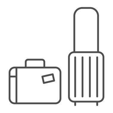 Seyahat bavulları, ince çizgi ikonu, bagaj konsepti, beyaz arka planda seyahat çantası tabelası, mobil konsept ve web tasarımı için ana hatlar şeklinde seyahat çantası ikonu. Vektör grafikleri.