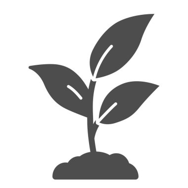 Üç yapraklı bitki filizleri katı bir ikon, bahçe konsepti, beyaz arka planda genç büyüme işareti, taşınabilir konsept ve web tasarımı için toprak ikonu şeklinde büyüyen bitki. Vektör grafikleri.