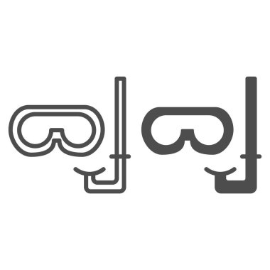 Şnorkelleme ekipman hattı ve katı ikon, yaz konsepti, beyaz arka planda yüzme ekipmanı tabelası, mobil konsept ve web tasarımı için ana hatlı dalış tüpü ve maske ikonu. Vektör grafikleri.